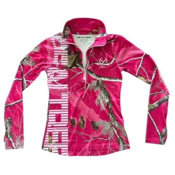 RealTree Pink Hunting Camo 1/2 Zip Long Sleeve Thumb Holes Pullover Size Small - Picture 5 of 12